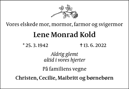 Dødsannoncen for Lene Monrad Kold - Hvidovre