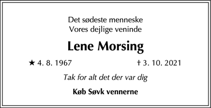 Dødsannoncen for Lene Morsing - Nærum 