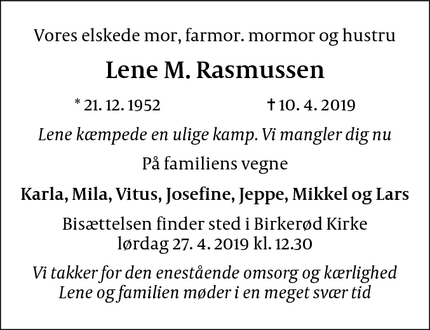 Dødsannoncen for Lene M. Rasmussen - Birkerød