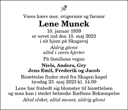 Dødsannoncen for Lene Munck - Skagen