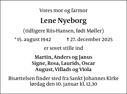 Dødsannoncen for Lene Nyeborg - København N