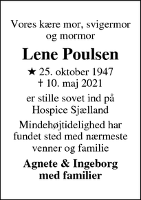 Dødsannoncen for Lene Poulsen - Roskilde