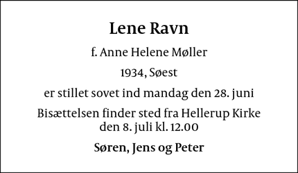 Dødsannoncen for Lene Ravn - København