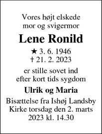 Dødsannoncen for Lene Ronild - Ishøj