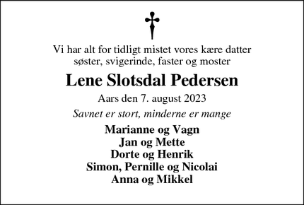 Dødsannoncen for Lene Slotsdal Pedersen - Aars