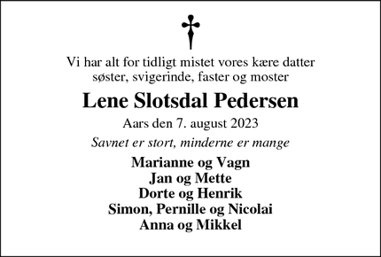 Dødsannoncen for Lene Slotsdal Pedersen - Aars