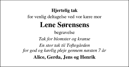 Taksigelsen for Lene Sørensens - Toftlund