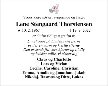 Dødsannoncen for Lene Stengaard Thorstensen - Skive