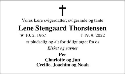 Dødsannoncen for Lene Stengaard Thorstensen - Skive