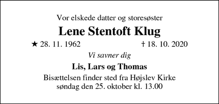 Dødsannoncen for Lene Stentoft Klug - Højslev Kirkeby