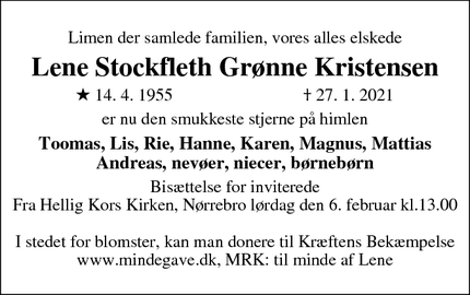 Dødsannoncen for Lene Stockfleth Grønne Kristensen - Frederiksberg