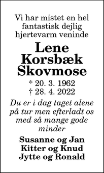 Dødsannoncen for Lene
Korsbæk
Skovmose - Hanstholm 