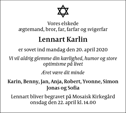 Dødsannoncen for Lennart Karlin - København