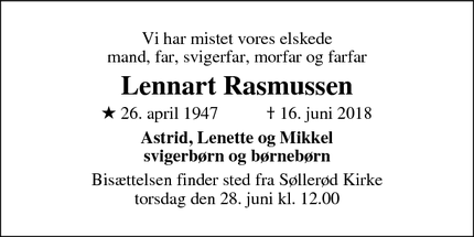 Dødsannoncen for Lennart Rasmussen - Nærum