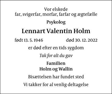 Dødsannoncen for Lennart Valentin Holm - Faxe