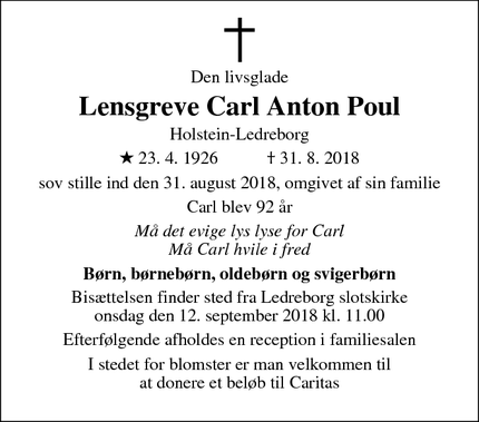 Dødsannoncen for Lensgreve Carl Anton Poul - Hellerup