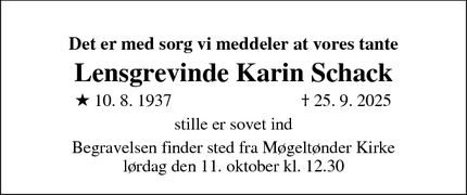 Dødsannoncen for Lensgrevinde Karin Schack - Sélestat