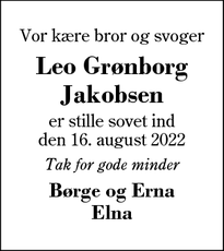 Dødsannoncen for Leo Grønborg Jakobsen - Sunds