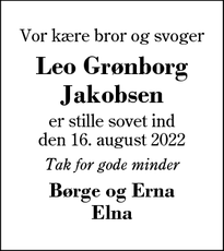 Dødsannoncen for Leo Grønborg Jakobsen - Sunds