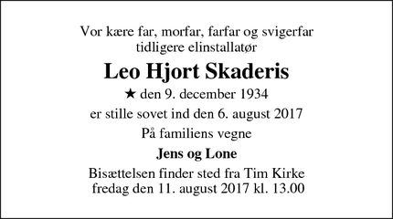 Dødsannoncen for Leo Hjort Skaderis - Tim