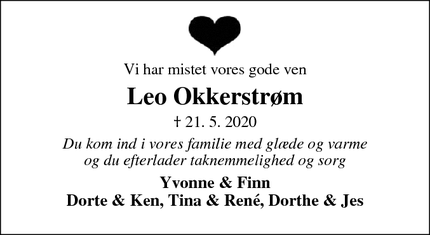 Dødsannoncen for Leo Okkerstrøm - Struer 
