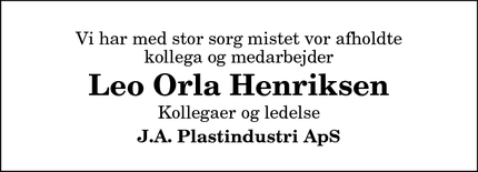 Dødsannoncen for Leo Orla Henriksen - Bedsted