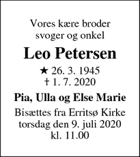 Dødsannoncen for Leo Petersen - Fredericia