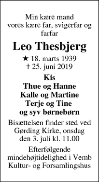 Dødsannoncen for Leo Thesbjerg - Hjortshøj