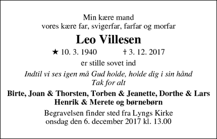 Dødsannoncen for Leo Villesen - Thyholm