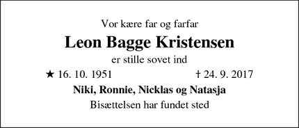 Dødsannoncen for Leon Bagge Kristensen - Glostrup