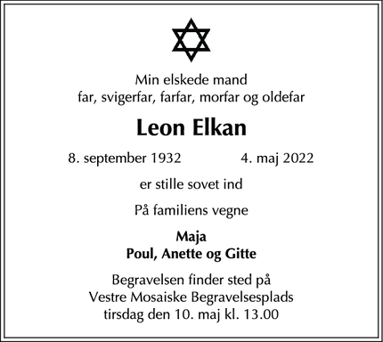 Dødsannoncen for Leon Elkan - Charlottenlund