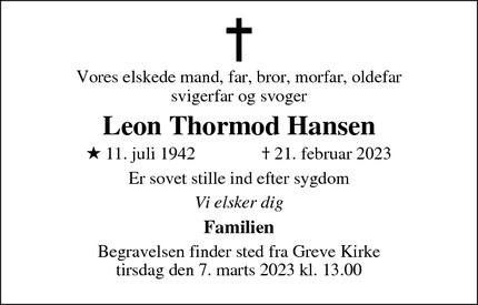 Dødsannoncen for Leon Thormod Hansen - Kvistgård