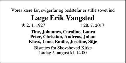 Dødsannoncen for Læge Erik Vangsted - Charlottenlund