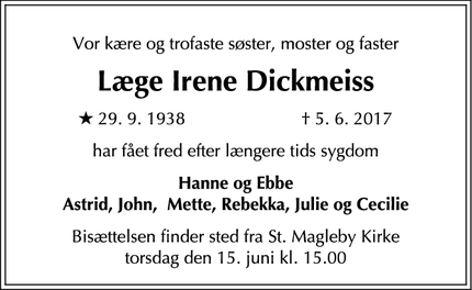 Dødsannoncen for Læge Irene Dickmeiss - Dragør