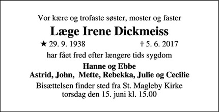 Dødsannoncen for Læge Irene Dickmeiss - Dragør