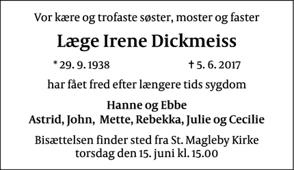 Dødsannoncen for Læge Irene Dickmeiss - Dragør