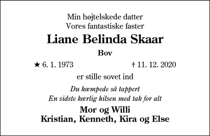 Dødsannoncen for Liane Belinda Skaar - Bov