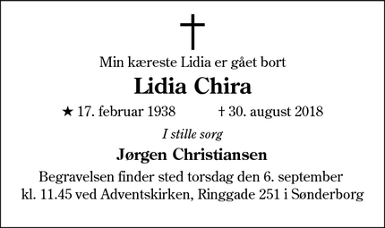 Dødsannoncen for Lidia Chira - Kruså