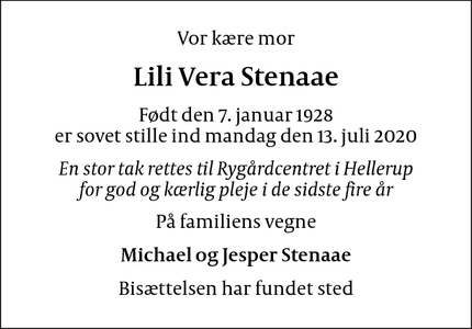 Dødsannoncen for Lili Vera Stenaae - Gentofte