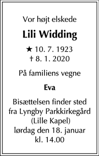 Dødsannoncen for Lili Widding - Datter