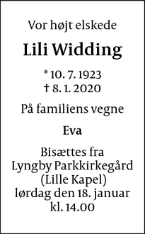 Dødsannoncen for Lili Widding - Datter