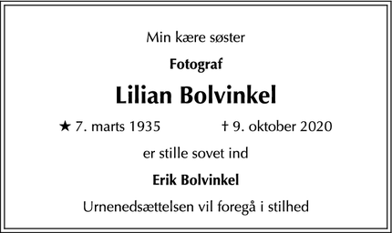 Dødsannoncen for Lilian Bolvinkel - København