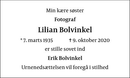 Dødsannoncen for Lilian Bolvinkel - København