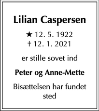 Dødsannoncen for Lilian Caspersen - Hinnerup