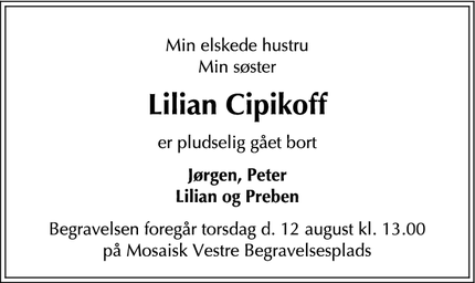 Dødsannoncen for Lilian Cipikoff - Frederiksberg C