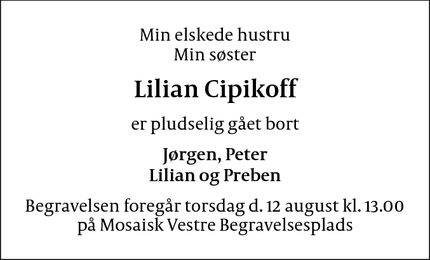 Dødsannoncen for Lilian Cipikoff - Frederiksberg C