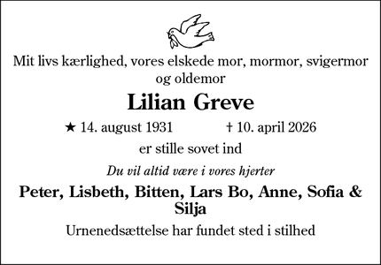 Dødsannoncen for Lilian Greve - Nordborg