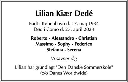 Dødsannoncen for Lilian Kiær Dedé - Como Italien