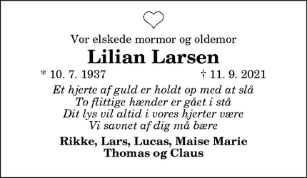 Dødsannoncen for Lilian Larsen - Frederikshavn 