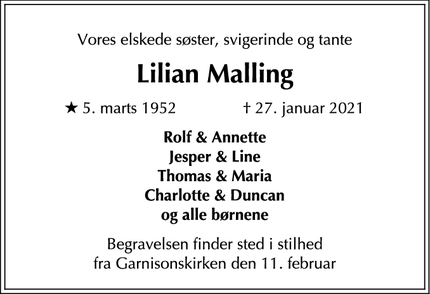 Dødsannoncen for Lilian Malling - København